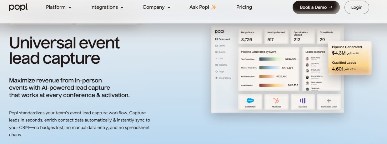  Popl universal event lead capture dashboard showing badge scans, meetings booked, and pipeline generated