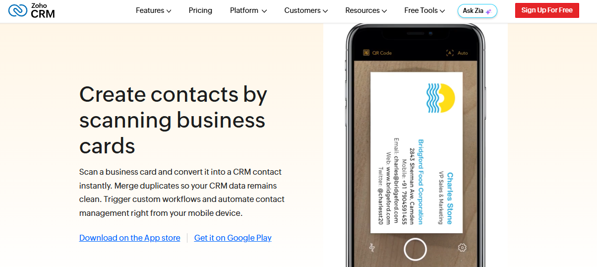 Zoho CRM business card scanner scanning a card and converting it into a CRM contact instantly