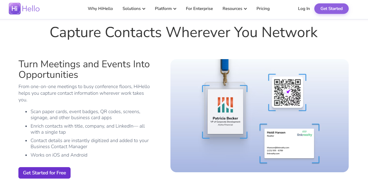 HiHello capturing contacts by scanning paper cards, event badges, and QR codes at events