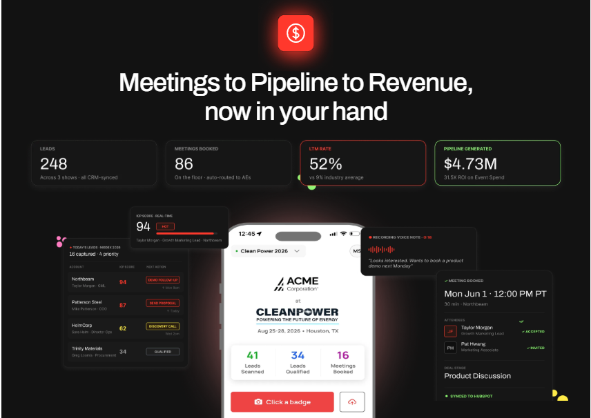 B2Brain event lead capture app showing 52% LTM rate, meetings booked, and pipeline generated on the floor
