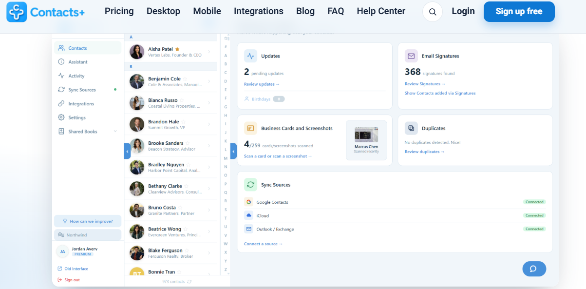 Contacts+ dashboard scanning business cards, merging duplicates, and syncing contacts across Google, iCloud, Outlook