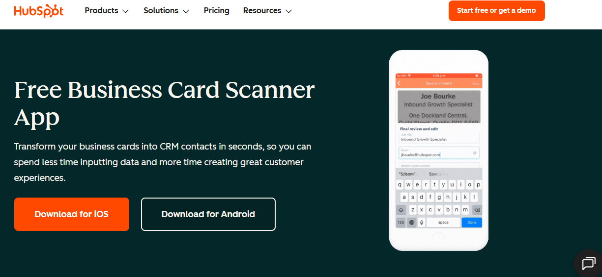 HubSpot free business card scanner app converting a card into a CRM contact on mobile