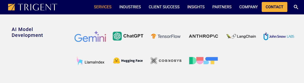 Trigent AI model development tooling logos including Gemini, ChatGPT, TensorFlow, Anthropic, and LangChain