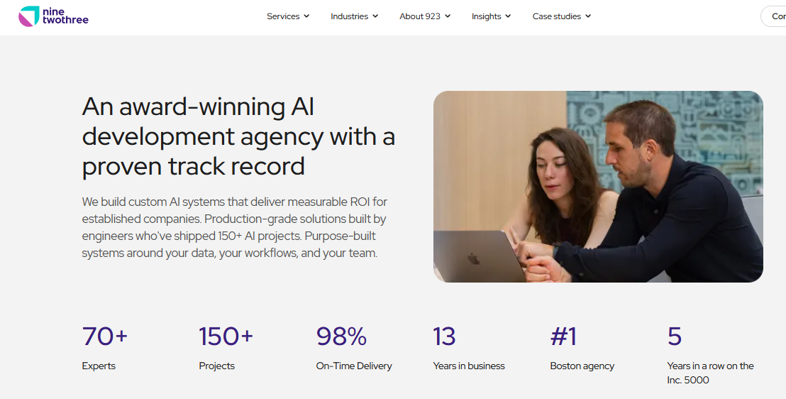 NineTwoThree AI development agency credentials showing 150+ projects, 98% on-time delivery, and Inc. 5000 recognition