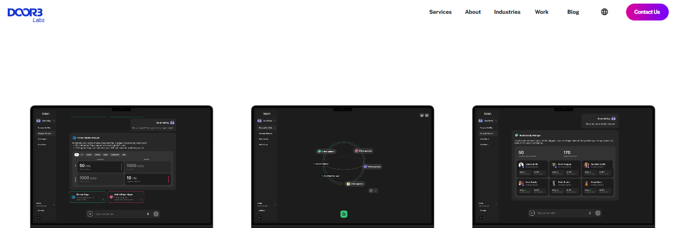 DOOR3 Labs AI product interfaces showing market analysis, relationship mapping, and contact management dashboards