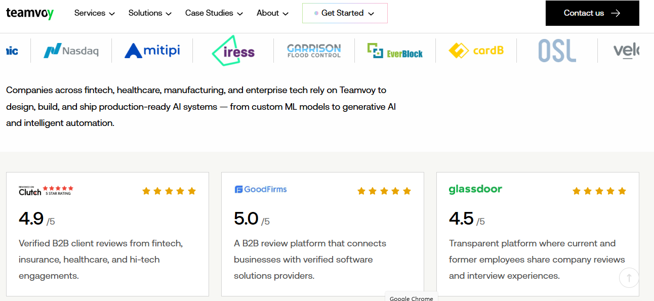 Teamvoy client logos and verified ratings showing 4.9 Clutch, 5.0 GoodFirms, and 4.5 Glassdoor scores