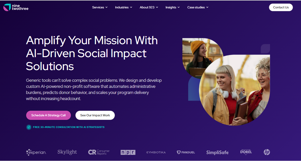 NineTwoThree AI-driven social impact app development with logos like Experian, NPR, and FanDuel.