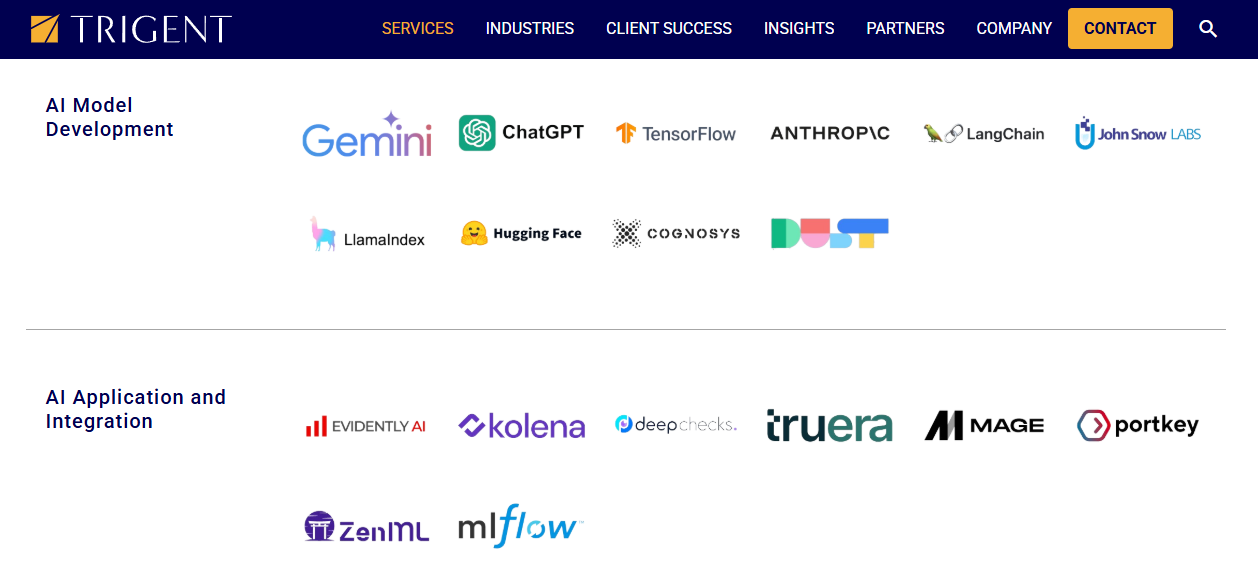 Trigent AI technology stack listing model development and integration tools like LangChain, TensorFlow, and MLflow