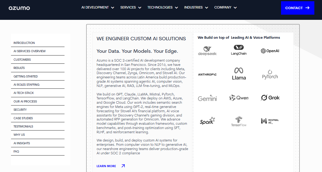 Azumo AI development process diagram from data labeling through model training, optimization, and launch to production