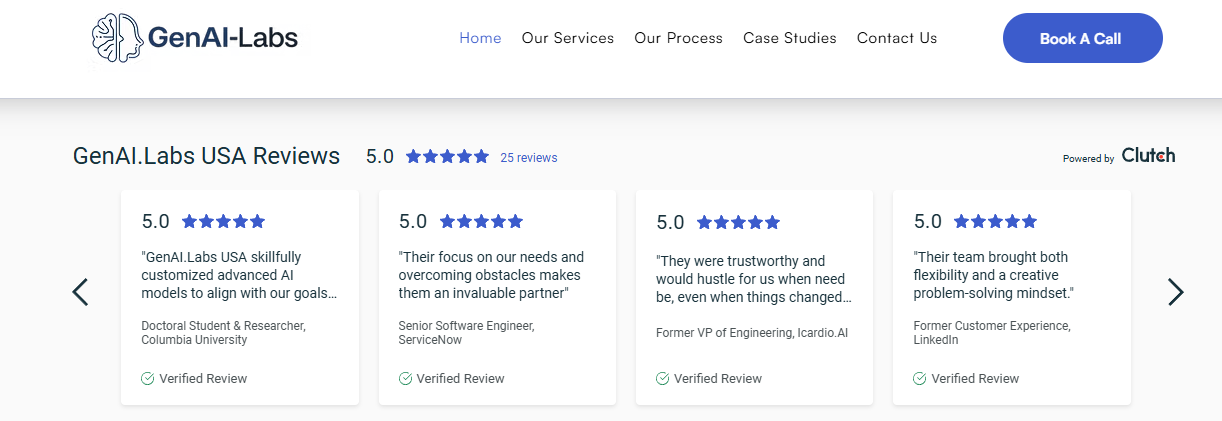 GenAI.Labs USA five-star Clutch reviews from engineers and researchers praising customized AI models and partnership