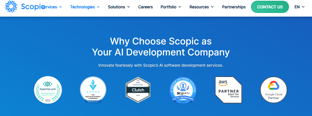 Scopic AI development credentials including Clutch, Expertise.com, AWS Partner, and Google Cloud Partner badges