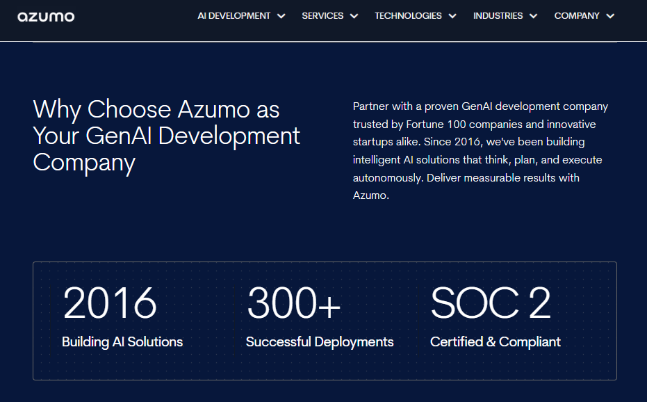 Azumo GenAI development credentials showing 300+ deployments, SOC 2 compliance, and experience since 2016