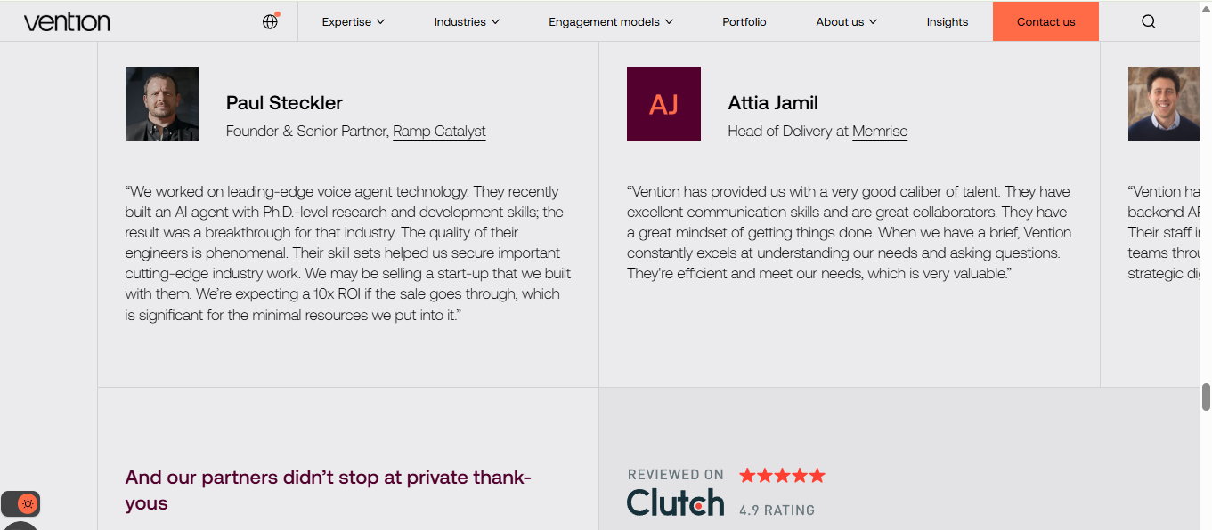 Vention testimonials on AI agent app engineering talent with a Clutch 4.9 verified rating.