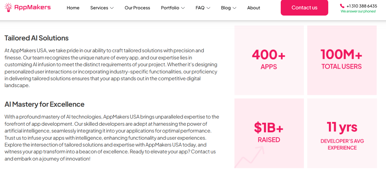 AppMakers USA AI solutions stats showing 400-plus apps, 100M-plus users, and 11 years average experience