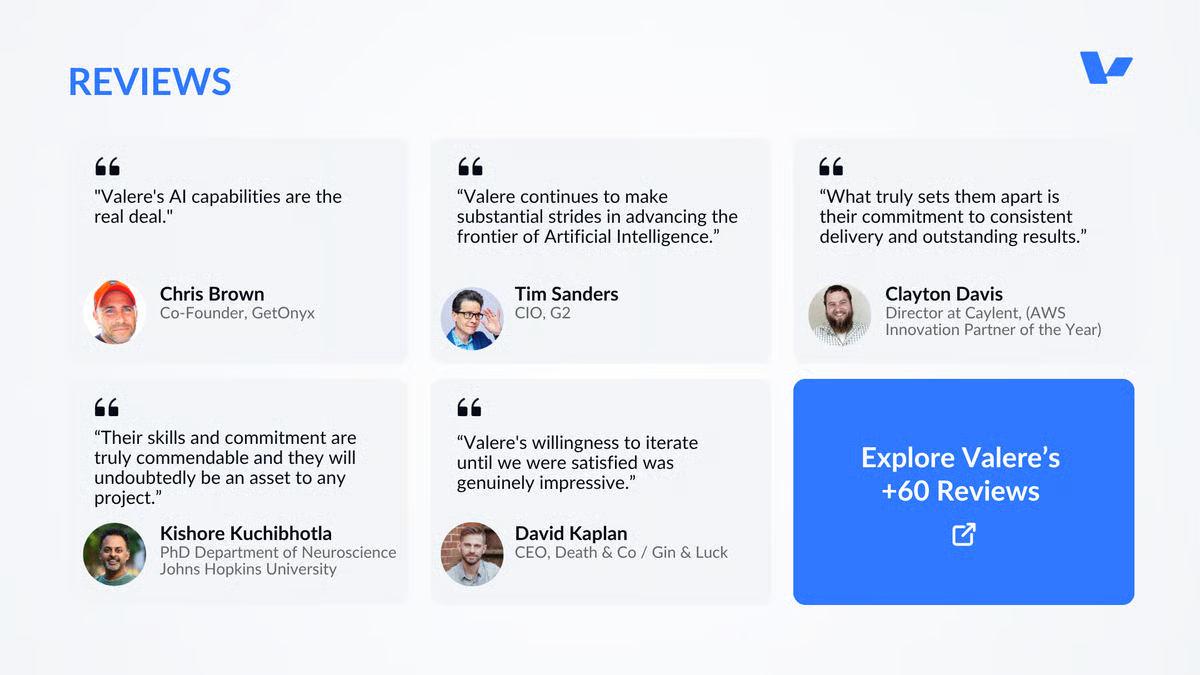 Valere client reviews praising its production-grade AI capabilities, consistent delivery, and iterative build approach