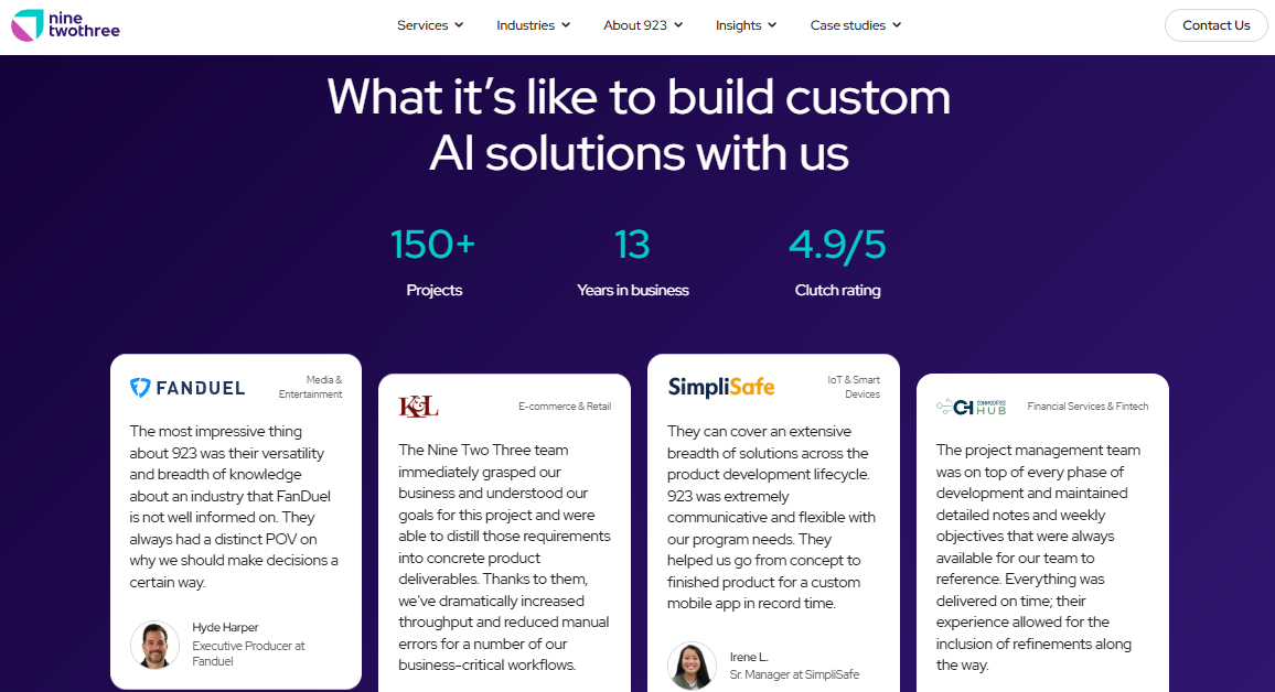 NineTwoThree AI development agency metrics showing 150+ projects, 98% on-time delivery, and 13 years in business