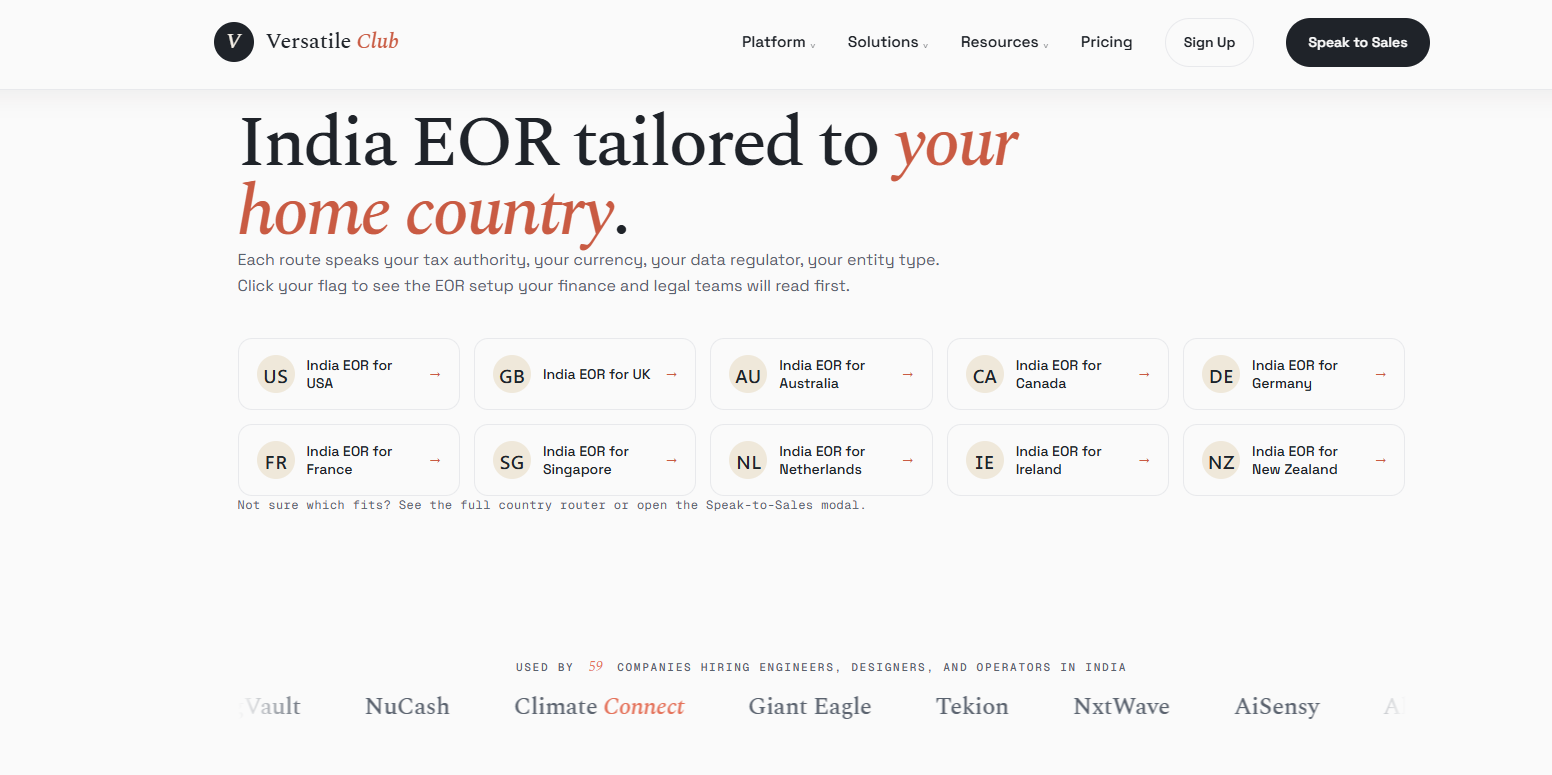 Versatile Club India EOR page with country routes for USA, UK, Australia, Canada, Germany, and more