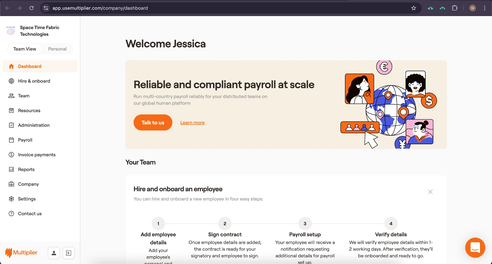 Multiplier EOR dashboard with global payroll banner and four-step hire-and-onboard flow for distributed teams