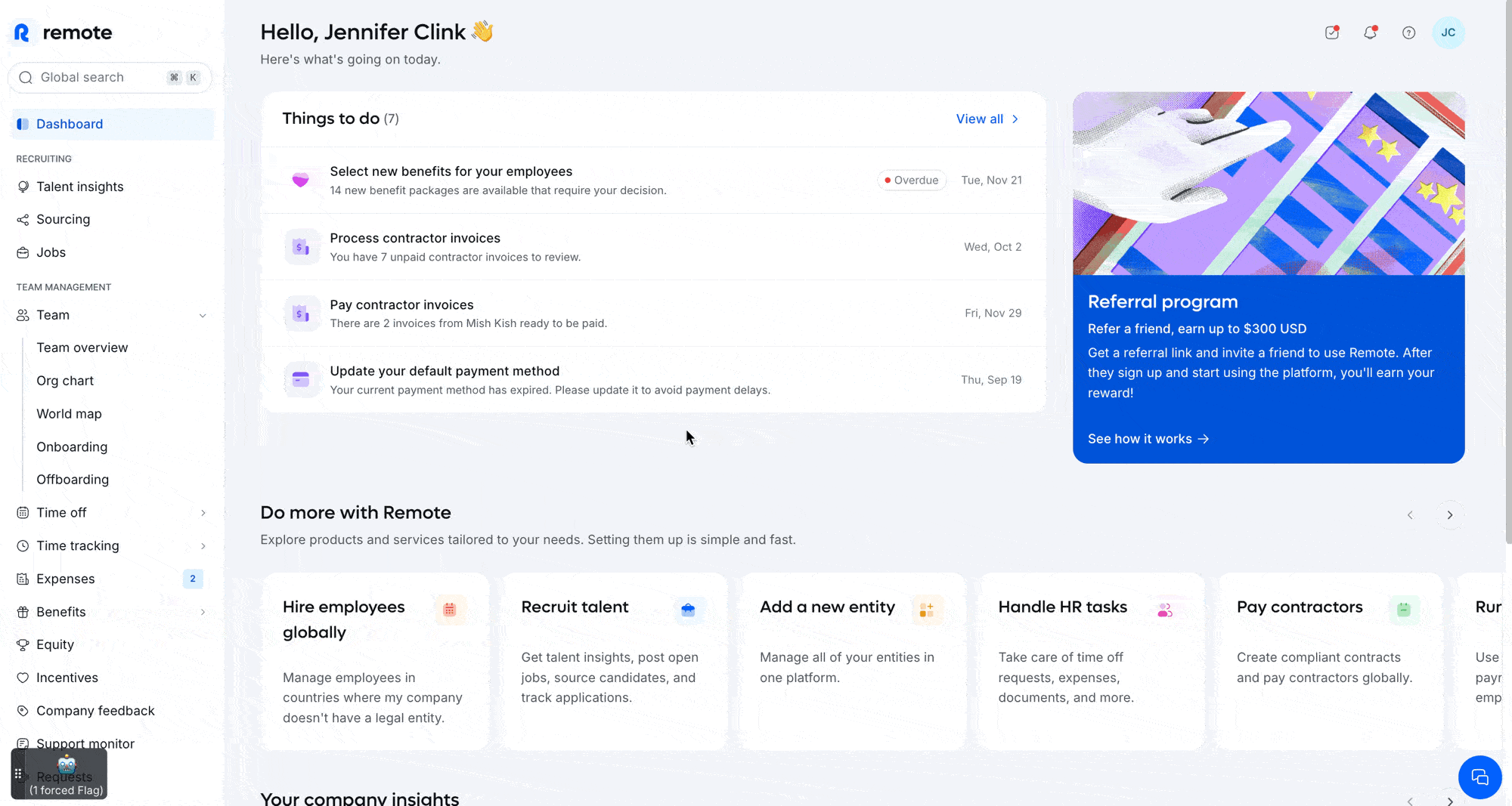 Remote dashboard with tasks for benefits, contractor invoices, payments, and global hiring without an entity