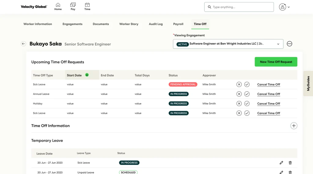 Velocity Global worker profile showing time-off requests, leave types, approval status, and payroll tabs