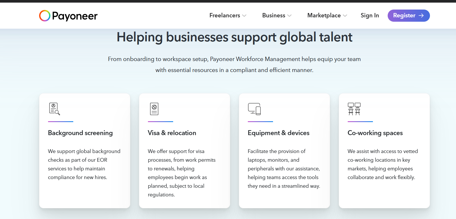Payoneer Workforce Management EOR support cards for background screening, visa, equipment, and co-working spaces