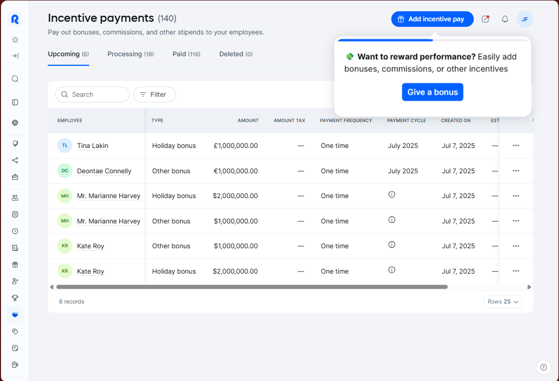 Remote EOR dashboard showing incentive payments table with employee bonuses, amounts, payment cycles, and a give-a-bonus prompt