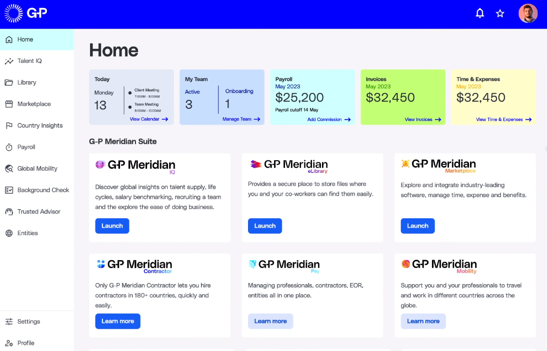 G-P Meridian dashboard showing payroll, invoices, time and expenses, plus contractor and EOR modules
