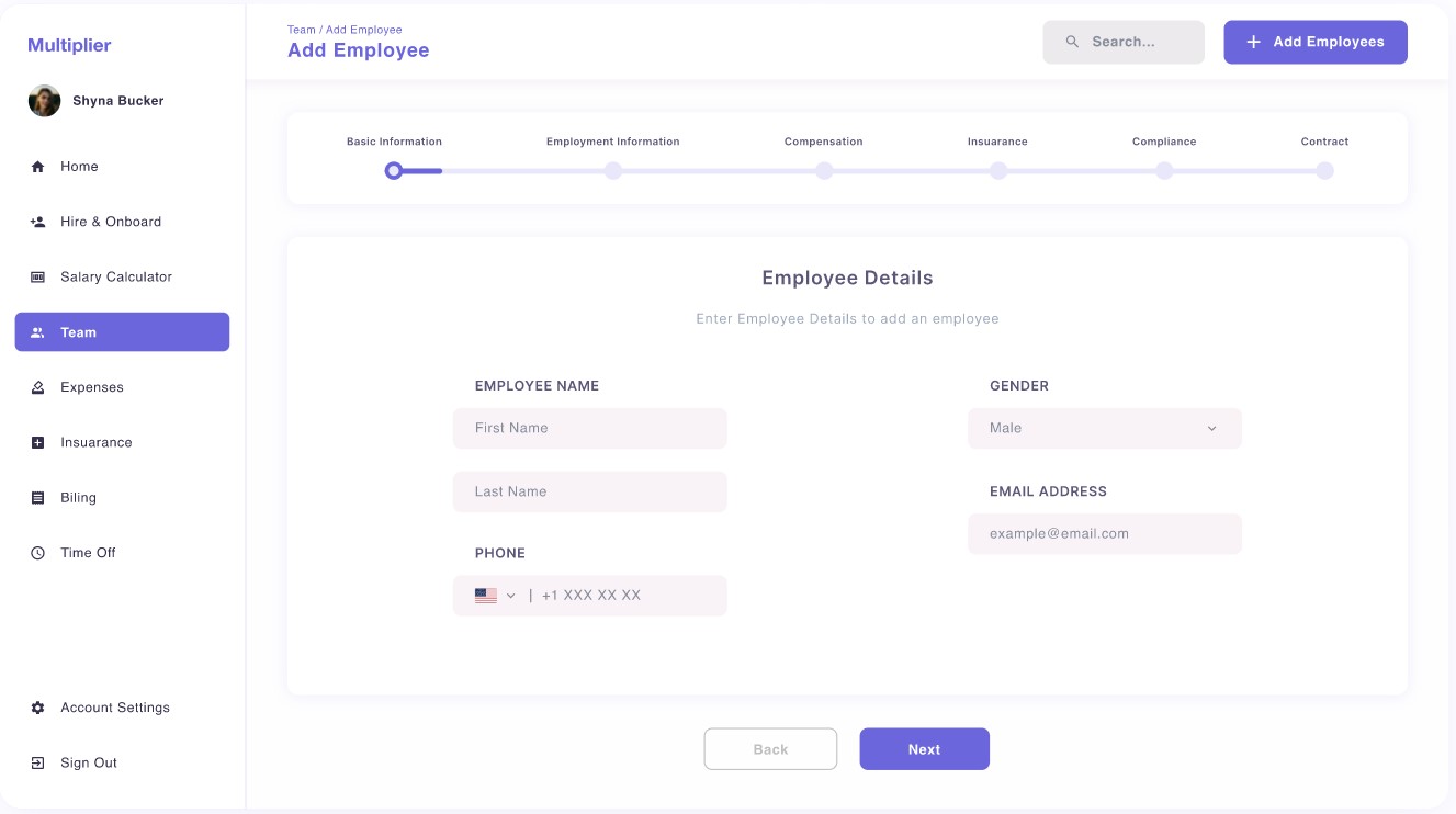Multiplier add employee form with onboarding steps from basic info to compliance and contract setup