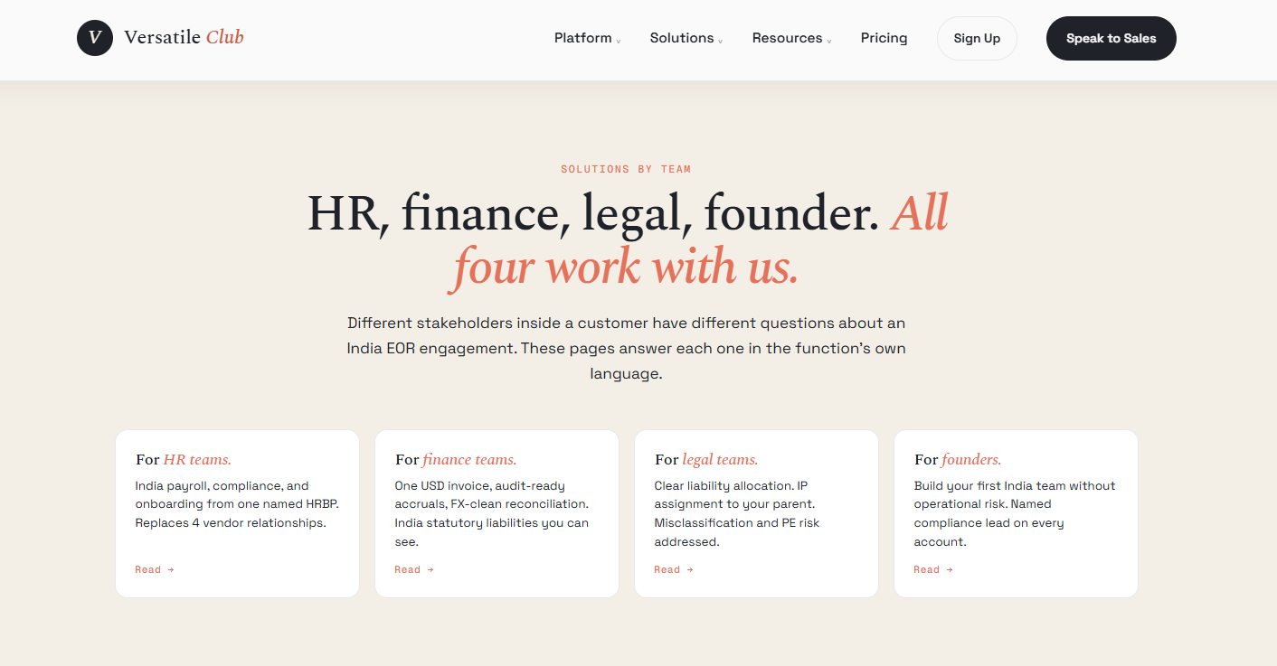 Versatile Club India EOR solutions for HR, finance, legal, and founder teams, showing role-specific benefits
